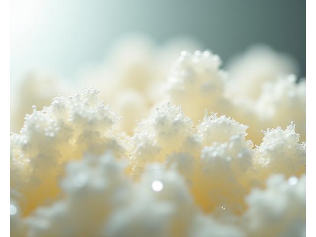 白い日本酒酵母の結晶が顕微鏡で拡大されたようなイメージと、それを蒸留して得られた純粋な液体のボトル。科学的で洗練された雰囲気。