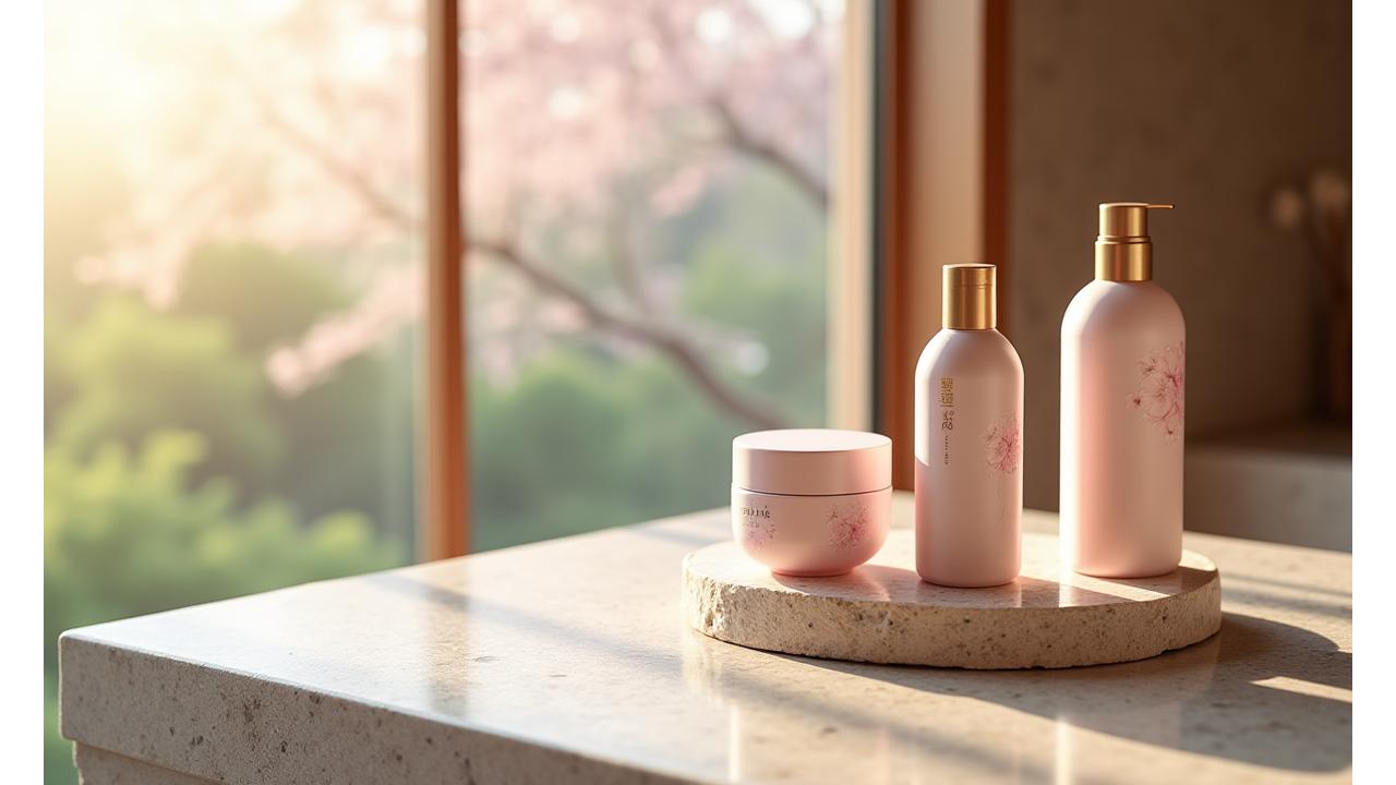 日本の高級リゾートホテルのスパで、洗練されたアメニティが美しく並べられた様子。自然光が差し込み、優雅で癒やされる空間。