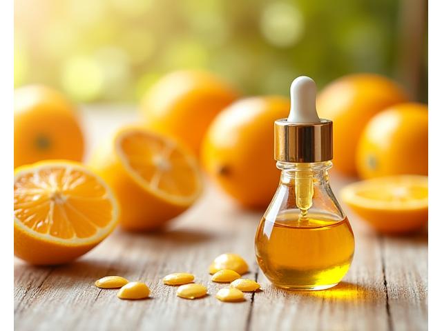 鮮やかな黄色の柚子と、その種子から抽出された黄金色のオイルが、小さなガラス瓶に入っているクローズアップ。瑞々しく、芳醇なイメージ。