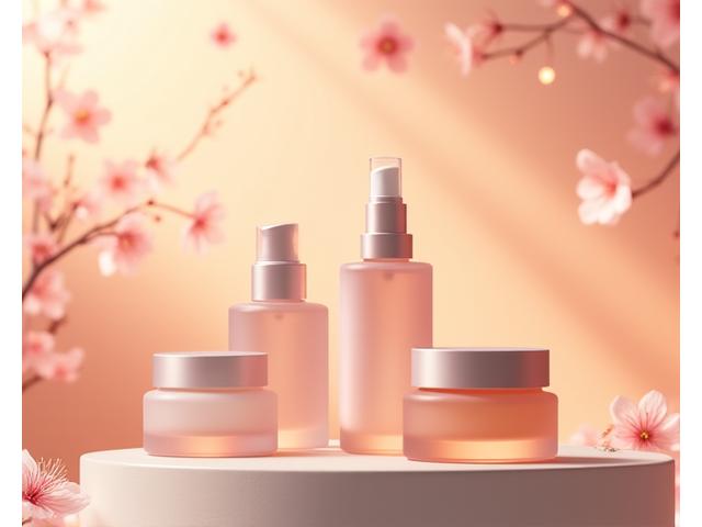 新しいスキンケアラインの製品発表会。美しいパッケージの製品がスポットライトを浴び、成功を祝う華やかな雰囲気。