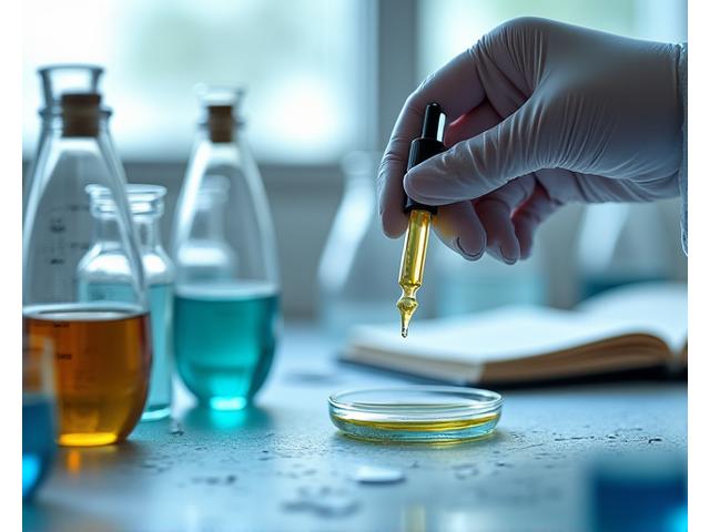 研究室で白衣を着た専門家が化粧品の処方開発に取り組む。多くの試作品やデータシートが並び、真剣な表情で議論している。